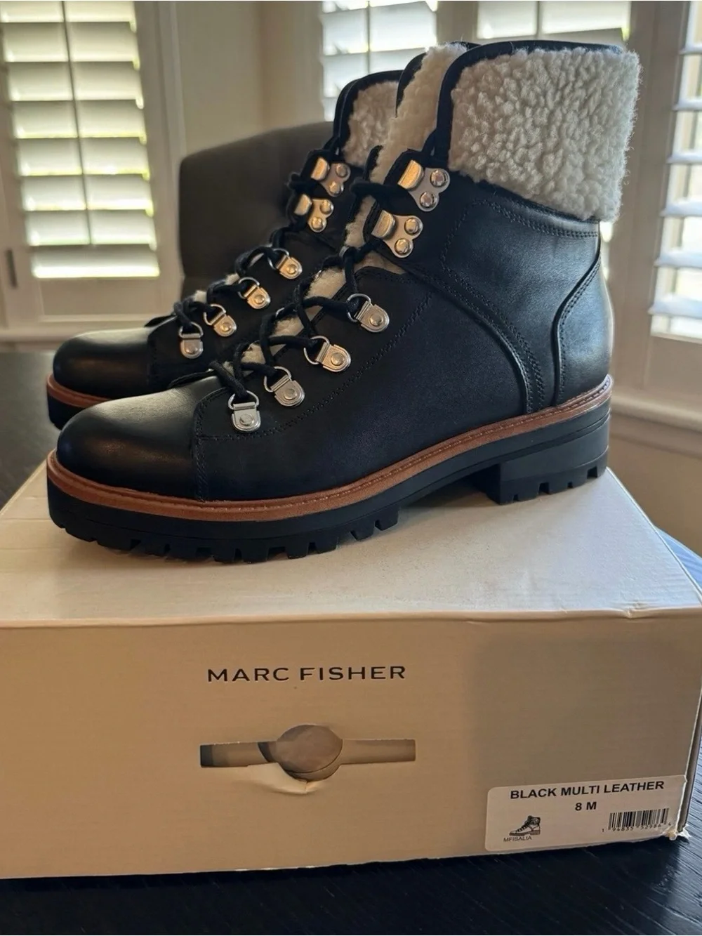 New! Marc Fisher Isalia Black Leather Shearling-Collar Lug Boot